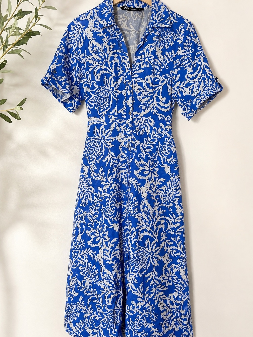 ZARA Blue White Floral Print Button Front Midi Shirt Dress XS